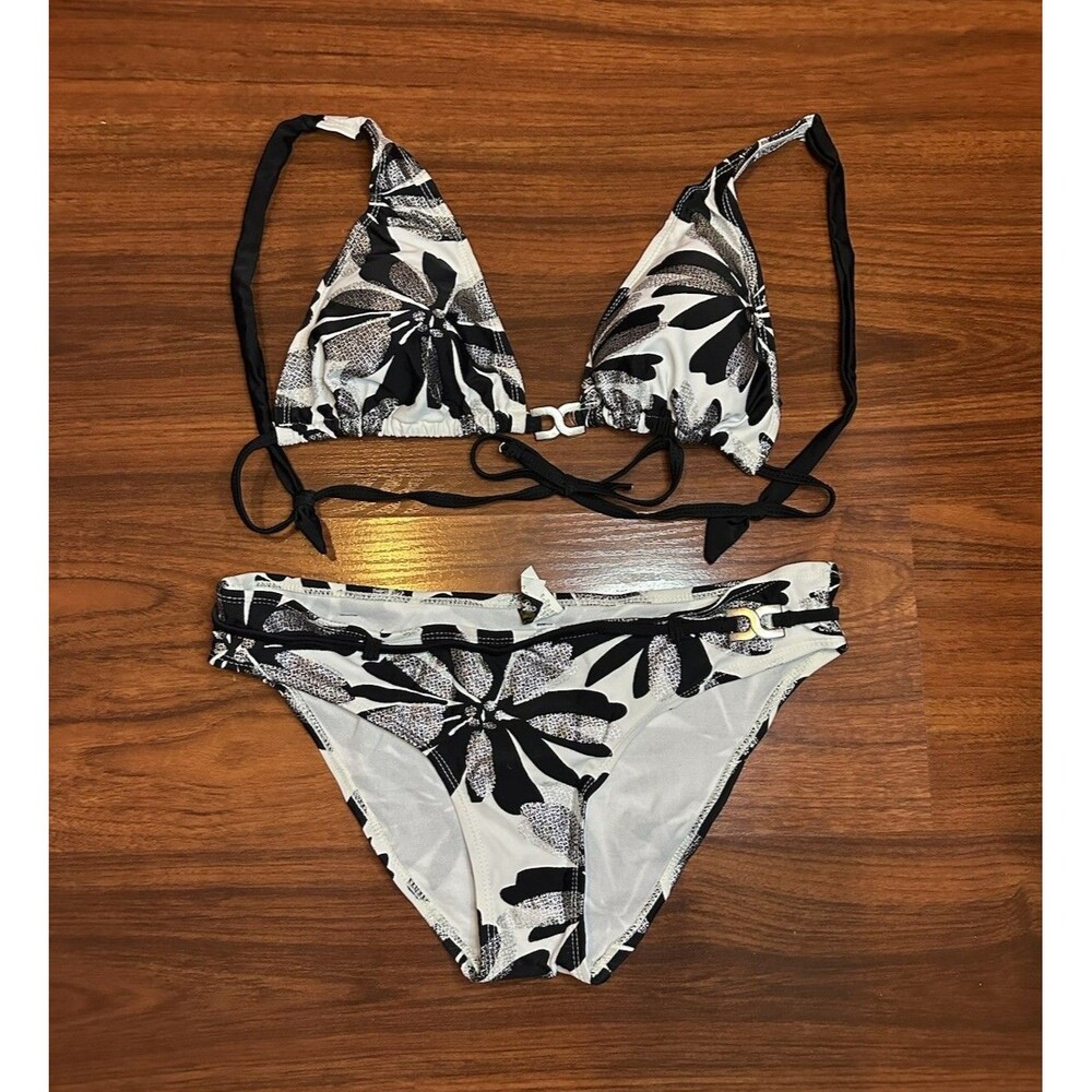VTG Y2K Aqua Funky Floral Black White Silver Bikini 2 Pc Women’s Large Swimwear